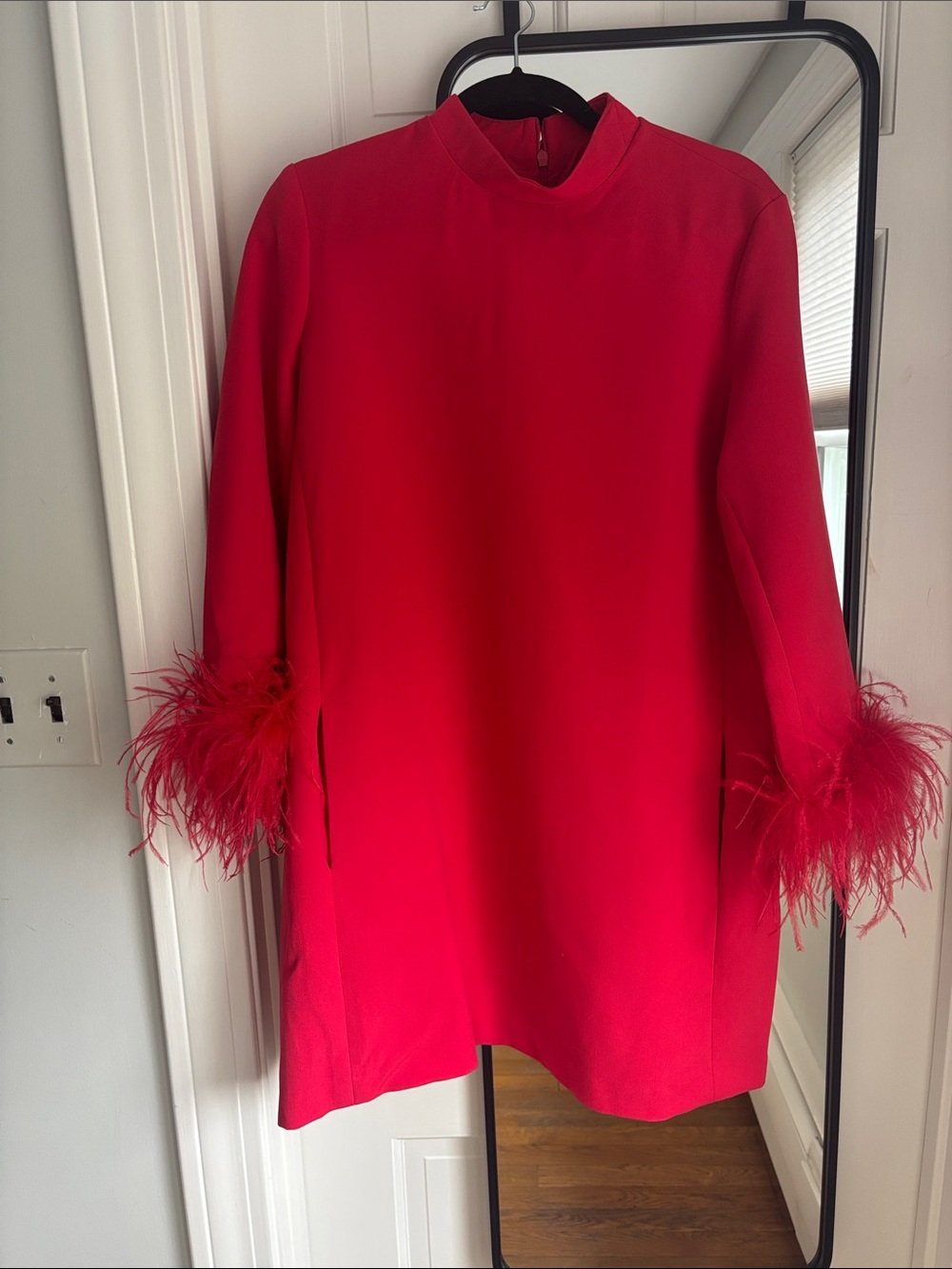 Tuckernuck Bright Red Feather-Cuff Mini Dress